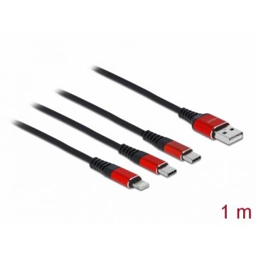 Cablu de incarcare 3 in 1 USB-A la Lightning / 2 x USB-C T-T 1m, Delock 86709