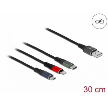 Cablu de incarcare USB-A la Lightning / Micro USB / USB Type C 0.3m, Delock 87236