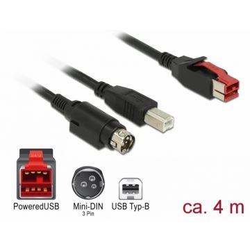 Cablu PoweredUSB 24V la USB-B + Hosiden Mini-DIN 3 pini 4m pentru POS/terminale, Delock 85490