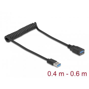 Cablu prelungitor spiralat USB 3.2 T-M max 0.6m Negru, Delock 90367