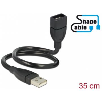 Cablu prelungitor USB 2.0-A T-M ShapeCable 0.35m Negru, Delock 83498