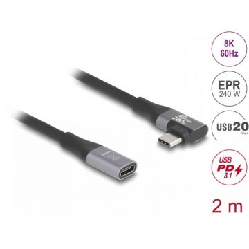 Cablu prelungitor USB 20 Gbps/4K60Hz PD 3.1 Extended Power Range 240W drept/unghi 90 grade 2m, Delock 81148