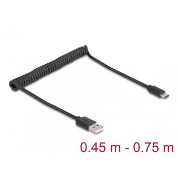 Cablu spiralat USB 2.0-A la USB type C T-T max 0.75m, Delock 90368