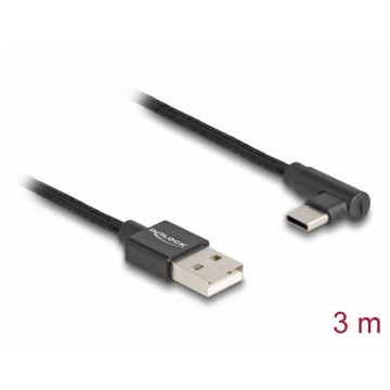 Cablu USB 2.0-A la USB type C unghi T-T 3m brodat Negru, Delock 80033