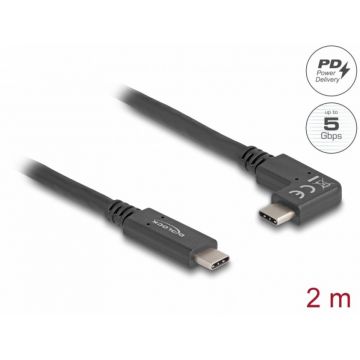 Cablu USB 3.2 Gen2 type C 4K60Hz/60W unghi dreapta/stanga-drept E-Marker T-T 2m, Delock 80038
