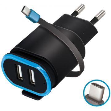 Incarcator USB Forever, TC-02, 2x 2.4A negru cu cablu USB-C