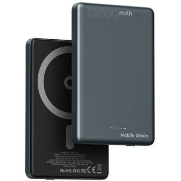 Acumulator extern , 10000 mAh, 20W incarcare USB-C, 15W incarcare Wireless, Gri