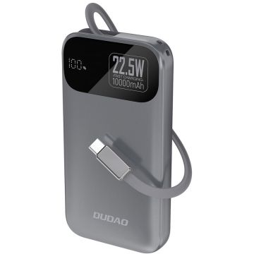 Baterie Externa K31 10000mAh 1x USB-C Display LED Cablu Retractabil USB-C Fast Charge 22.5W Gri