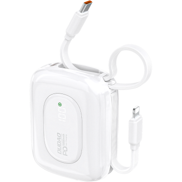 Baterie Externa K32 10000mAh 1xUSB-C Cabluri Integrate USB-C si Cablu Lightning 22.5W Alb