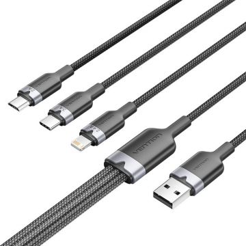 Cablu de date 3A CTPBG 3in1 USB la USB-C, Lightning și Micro-B, 3A, 60W, 1,5m, Negru