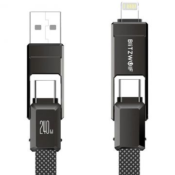 Cablu de date BW-HDC7 4 in 1, USB-C/USB/Lightning, 480Mbps, 5A/3A/2.4A, 240W/27W/15W/12W, 1.2m, Negru