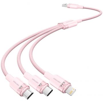 Cablu de date CTPWG, USB la USB-C/Micro-USB/Lightning, 1.5m, Roz