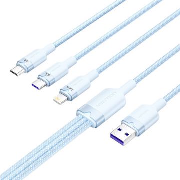 Cablu de date CTRLG, USB la USB-C/Lightning/Micro-USB, 120W, 6A, 1.5m, 480 Mbps, Albastru