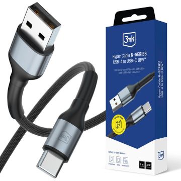 Cablu de date Hyper N-SERIES, USB-A la USB-C, 18W, 2A, 2m, Negru