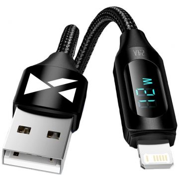 Cablu de date WUALC1, USB/Lightning, LED, 2.4A, 1m, Negru