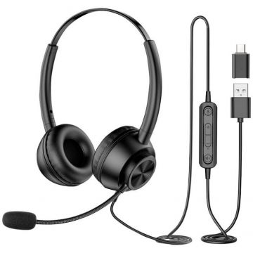 Casti NB-H368, Drivere 40mm, 38 dB, Control pe fir, USB, Adaptor USB la USB-C inclus, Negru