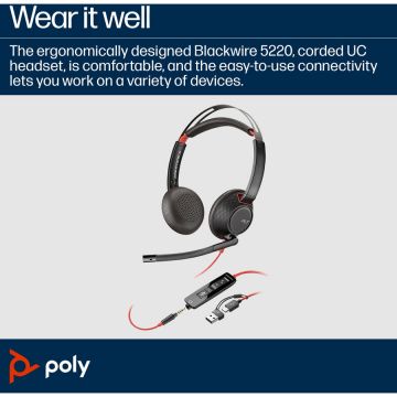 Casti Poly Blackwire 5220 Stereo 3.5mm USB-C/A Adaptor (Bulk) Negru