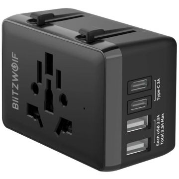 Incarcator BW-TA1 4-in-1, 20W, 1x USB-C, 2x USB-A, Compatibil cu prize UE/UK/AU/SUA, Negru