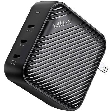 Incarcator GanHub, 3x USB-C, Power Delivery 140W, Adaptoare EU/UK/AU/US incluse, Negru