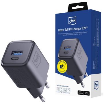 Incarcator Hyper Charger, USB-A / USB-C, 33W, Negru