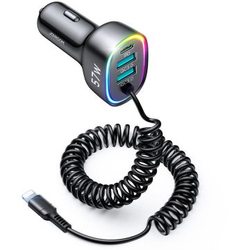 Incarcator JR-CL20, 3 Porturi, Quick Charge 3.0, Lungime cablu Lightning 1.6m, Negru