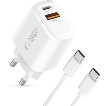 Incarcator NC45W-GAN, 1x USB-C, 1x USB-A, Power Delivery 45W, Cablu USB-C la USB-C de 1m inclus, Alb