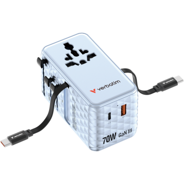 Incarcator Retea Charge 'n' Travel 30187 Tehnologie GaN 1xUSB-C 1xUSB-A 2 Cabluri Retractabile USB-C Putere 70W Albastru