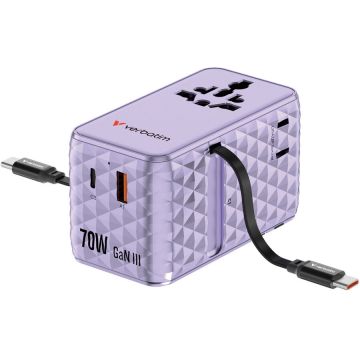 Incarcator Retea Charge 'n' Travel 30188 Tehnologie GaN 1xUSB-C 1xUSB-A 2 Cabluri Retractabile USB-C Putere 70W Violet