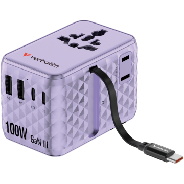 Incarcator Retea Charge 'n' Travel 30193 Tehnologie GaN  2 x USB-C 2 x USB-A Cablu Retractabil USB-C Putere 100W Violet