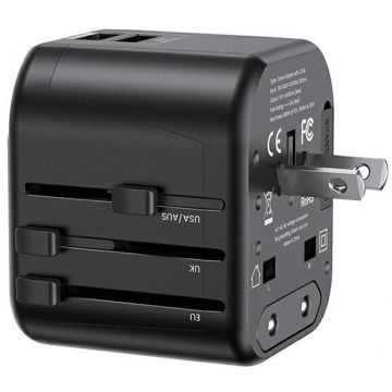 Incarcator T55, 2x USB-A, 12W, Compatibil cu prize EU/UK/US/AU, Negru