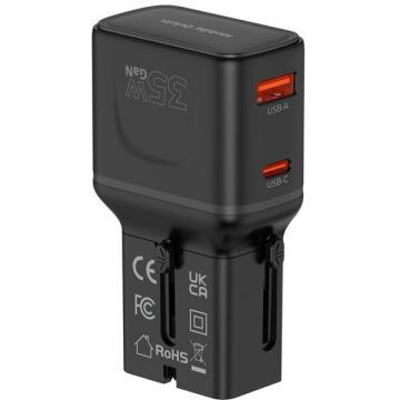 Incarcator Travel Adapter GaN, 35W, 1xUSB-C, 1xUSB-A, Compatibil cu prize EU/UK/US/AU, Negru