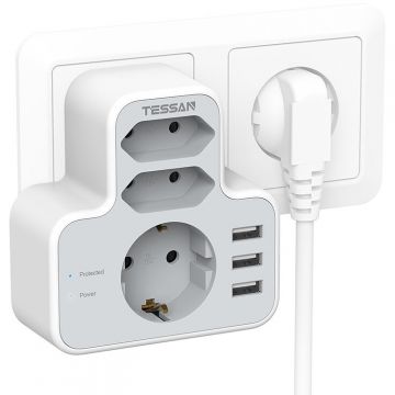 Incarcator TS-327, 3x AC, 3x USB, Alb