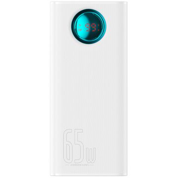 Baterie externa Baseus Amblight, 26800 mAh, 4x USB, 1x USB-C, 65 W, Display, White + Cablu USB-C inclus, posibilitate incarcare laptop