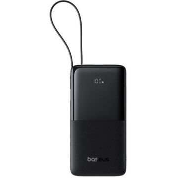 Baterie externa Baseus Bipow 2 Digital, 10000 mAh, 1x USB, 1x USB-C, 20 W, Display, Cablu USB-C integrat, Black