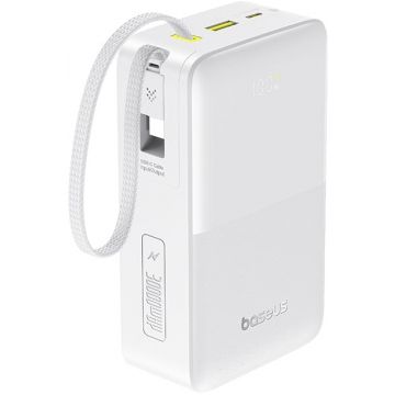 Baterie externa Baseus EnerFill FC51 Bipow 2 Pro Digital, 30000 mAh, 1x USB, 1x USB-C, 22.5 W, Display, Cablu USB-C integrat, White