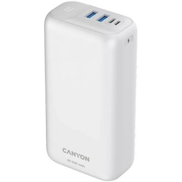 Baterie externa Canyon PB-301, 30000 mAh, 2x USB, 1x USB-C, cu tehnologia PD 20W/QC 3.0, White