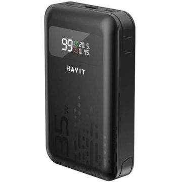 Baterie externa Havit PB5211, 10200 mAh, 1x USB, 2x USB-C, 45 W, Display, Black