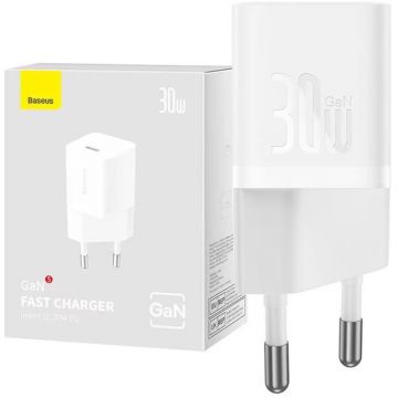 Incarcator retea Baseus GaN5, 1x USB-C, Fast Charger 30W, White