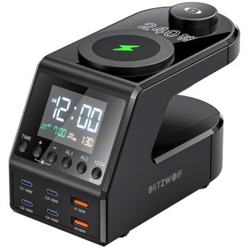Incarcator retea BlitzWolf BW-FW10, 4x USB-C, 2x USB, Quick Charge 240 W, Wireless, Display, Black