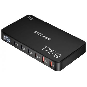 Incarcator retea BlitzWolf BW-S30, 4x USB-C, 2x USB, Quick Charge 175 W, Display, Black