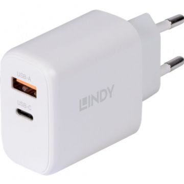 Incarcator retea LINDY 1x USB, 1x USB-C, 65W, White