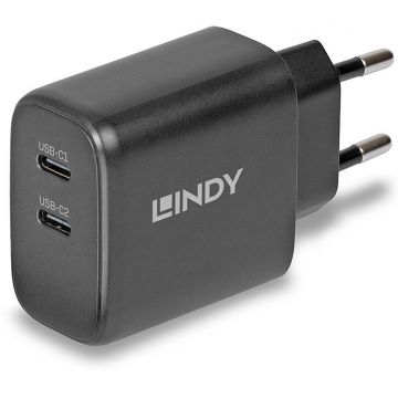Incarcator retea LINDY 2x USB-C, Quick Charge 65 W, GaN, Black