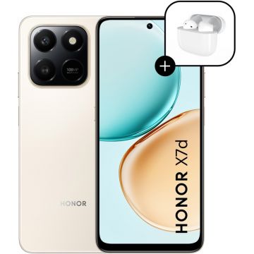 Smartphone Honor X7d, 128GB, 6GB RAM, Dual SIM, 4G, Tri-Camera, Desert Gold + Honor Choice Earbuds X7e Active