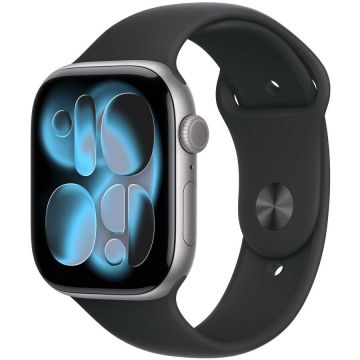 Apple Ceas inteligent Apple Series 11, GPS, 46mm, Carcasa din aluminiu gri spatial, Curea sport neagra, Masura M/L