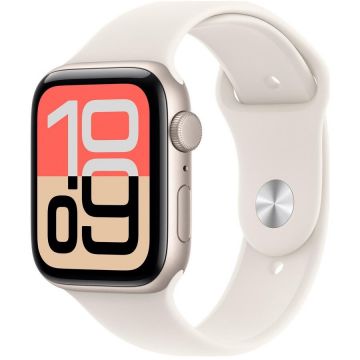 Apple Ceas inteligent Apple Watch SE 3, GPS, 44mm, Carcasa din aluminiu Starlight , Curea sport Starlight, masura M/L, Alb