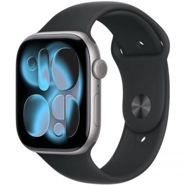 Apple Ceas inteligent Apple Watch Series 11, GPS, 46mm, Carcasa din aluminiu gri spatial, Curea sport neagra, S/M