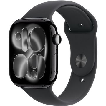 Apple Ceas inteligent Apple Watch Series 11, GPS, 46mm, Carcasa din aluminiu negru intens, Curea sport Neagra, masura  S/M