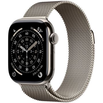 Apple Ceas inteligent Apple Watch Series 11, GPS + Cellular, 42mm, Carcasa din titan natural, Curea Bucla milaneza, Argintiu
