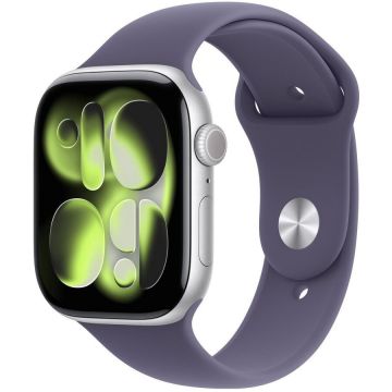 Apple Ceas inteligent Apple Watch Series 11, GPS + Cellular ,46mm, Carcasa din aluminiu argintie, Curea sport mov, Masura M/L