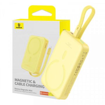 BASEUS Baterie Externa Wireless Baseus Magnetic Mini, 10000mAh, 20W, PD + FQI, 1 x Lightning - 1 x QI - 1 x USB-C, Galbena
